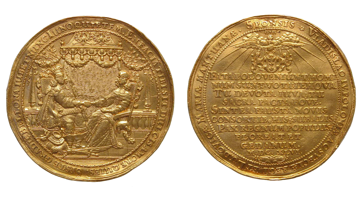 Gold commemorative medal displaying obverse seated crowned figure under canopy; reverse with Latin inscription and ornament.