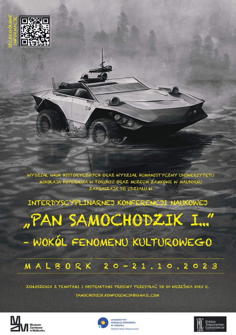 Plakat konferencji Pan Samochodzik i ...wokół fenomenu kulturowego. Tło plakatu stanowi amfibia na rzece.