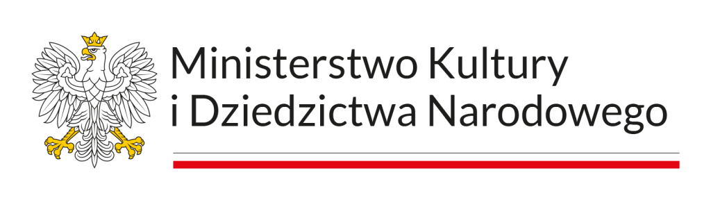 Logo Ministerstwa Kultury i Dziedzictwa Narodowego na tle szaro białych kwadratów ułożonych w szachownicę