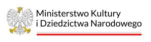 Po lewej stronie graficzne przedstawienie białego orła w złotej koronie, ze złotym dziobem i szponami. Obok napis czarną czcionką Ministerstwo Kultury i Dziedzictwa Narodowego. Pod napisem biało czerwony pasek zgodny z barwami narodowymi.